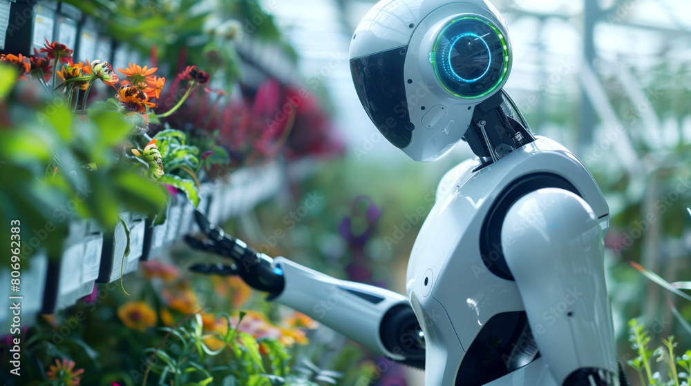 Canvas Prints Robot with advanced technology tending to colorful flowers in a greenhouse.