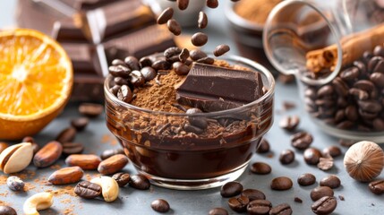 bitter chocolate, spices, hazelnuts and coffee beans fall from above, light gray background .