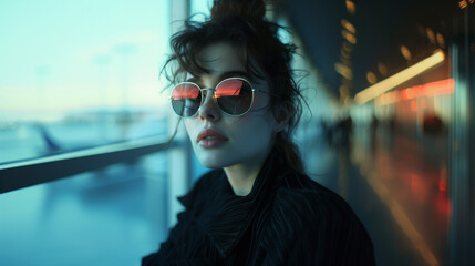 At the busy airport terminal, a trendy woman with sunglasses epitomizes elegance, reflecting the...