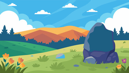 A peaceful meadow with the words Accept what you cannot change change what you cannot accept inscribed on a nearby boulder.. Vector illustration