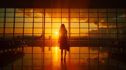Silhouette of a businesswoman standing at an airport terminal window, facing a vibrant sunset over the tarmac.