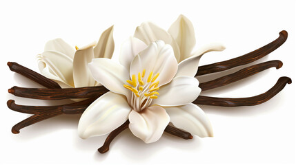 Realistic illustration of a white magnolia flower surrounded by scattered vanilla pods.
