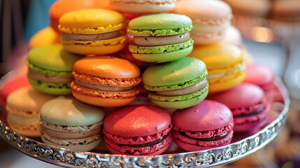 Obraz premium Colorful food photography, sweet macarons, sweets table