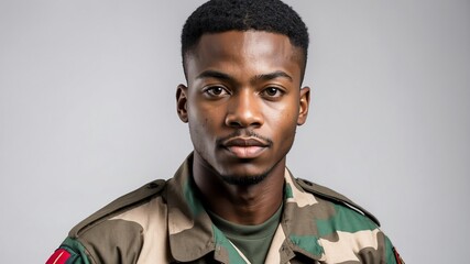 young black african military man studio portrait on plain white background from Generative AI