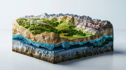 Geological cross section model showing various layers with mountains, grasslands, and underground water.