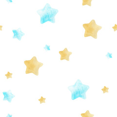 Seamless simple watercolor pattern with lovely blue and yellow stars. Handmade watercolor illustration on white background. For wrapping paper