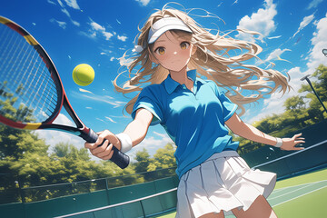 Blond-haired tennis girl in light blue uniform in Japanese anime style