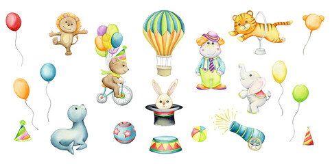 circus, lion, bear, sea seal, elephant, bunny, tiger, hippopotamus,balloons, ball, balloon. Cute animals and circus items. watercolor set