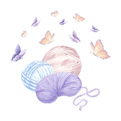 Butterflies flutter over skeins of threads. Wool, cotton yarn. Hand drawn watercolor illustration Knitting on needles. Isolated template for card, knitter blog, needlework store, embroidery, textile.