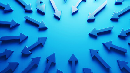 Blue background featuring multiple 3D arrows pointing in various directions, creating a dynamic movement concept.