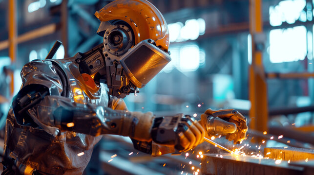 An advanced robotic arm equipped with a welding tool, sparking while working on a metal piece in an industrial setting.