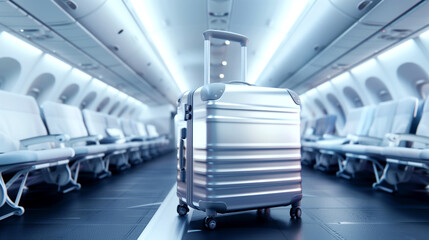 Obraz premium Modern metallic luggage standing on the aisle of an airy airplane cabin with empty seats.