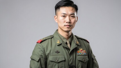 young chinese military man studio portrait on plain white background from Generative AI