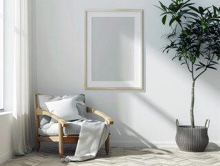 Mock up a portrait frame featuring a classic white wooden frame with a simple, elegant design for interior spaces.