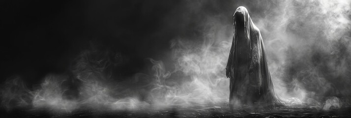 Amidst eerie fog, a silhouette embodies horror, evoking nightmares with its ghostly presence