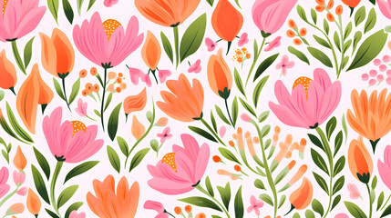 Digital pink and orange flowers pattern abstract graphic poster background