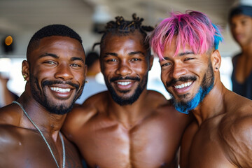 Cheerful friends bond at the gym, sharing laughter and motivation in their diverse, muscular pursuits - Powered by Adobe