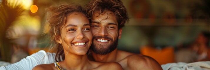 Smiling couple enjoying vacation, embracing each other happily under the summer sun