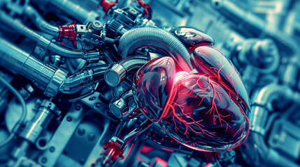 Detailed futuristic artwork depicting a glowing red heart integrated with complex machinery.