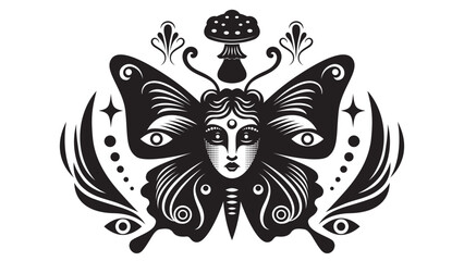 Black and white  illustration on the theme of mystic and esoteric. Butterfly with woman face and decorative elements, fern branches