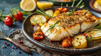 lemon rosemary delight baked cod loin with potatoes and vegetables gourmet seafood dish food photography