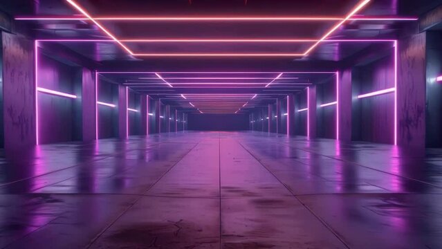 A long, empty, and dimly lit room with neon lights. The room is filled with a sense of emptiness and loneliness