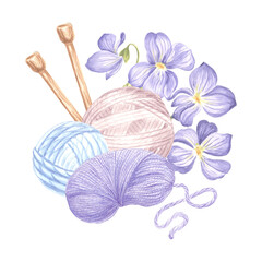 Balls and skeins of yarn Knitting needles Flowers of wild violets Arrangement with tangles of wool thread. Hand drawn watercolor illustration. Isolated template for card, knitter blog, needlework