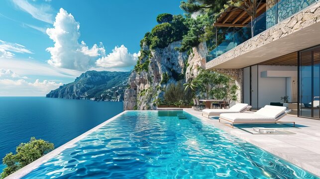 luxurious italian villa with infinity pool and panoramic ocean views amalfi coast digital 3d rendering