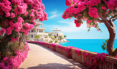 Beautiful resort with blooming colorful oleanders along the pedestrian promenade by the Mediterranean Sea and blue sky.