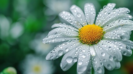 macro photo of delicate flower with glistening water drops after rain