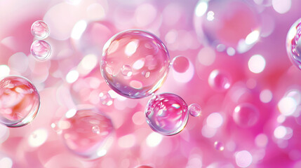 Fototapeta premium Tranquil image of floating bubbles with a soft pink bokeh background creating a soothing atmosphere.