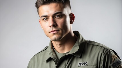 Fototapeta premium young military man studio portrait on plain white background from Generative AI
