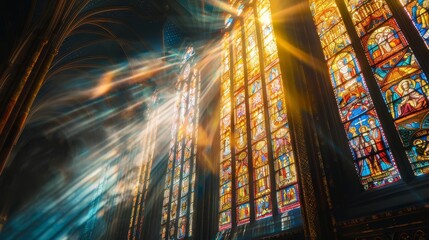 majestic stained glass window in cathedral with sunlight rays spiritual and religious concept