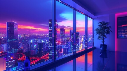 Geometric puzzle cityscape with glowing windows at twilight.