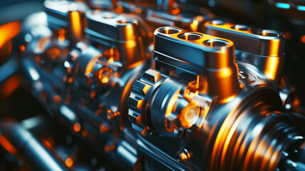 Fototapeta premium Close-up of a complex metallic engine with detailed gears and components illuminated in blue and orange.