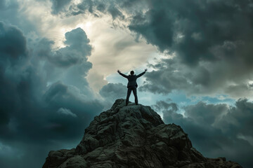 Professional businessman celebrates his triumph standing with arms raised on a rugged mountain peak, symbolizing success and achievement, set against a backdrop of a moody, cloud-filled sky at dusk
