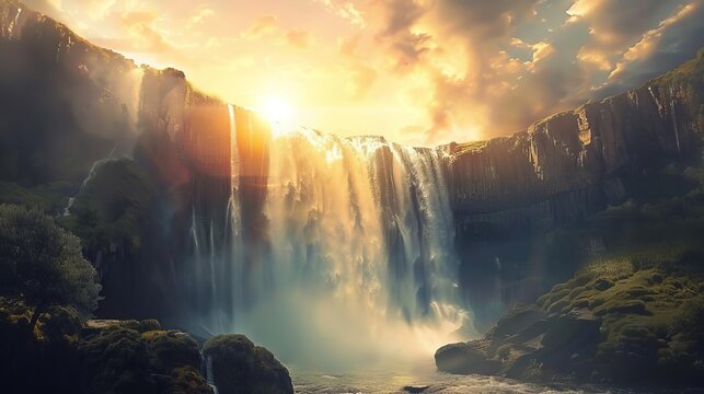 majestic waterfall landscape with radiant sun heavenly illustration of genesis 11 bible verse