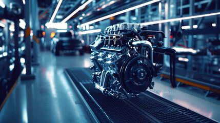 Detailed image of a car engine on the assembly line with blue ambient lighting inside a modern manufacturing plant.