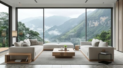 modern living room interior with wooden furniture and mountain view 3d rendering