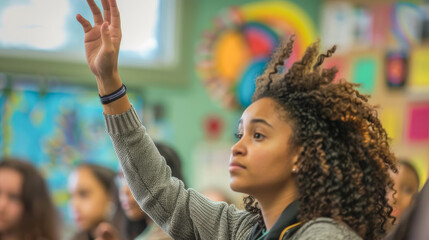 Teenage african girl raising hand while teacher asking questions in school classroom - Students and education concept - Models by AI generative