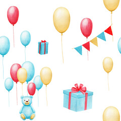 Seamless watercolor pattern with blue bear, gift box, flags, air balloons. Handmade watercolor illustration on white background