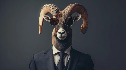 mouflon with sunglasses and suit humorous animal portrait on solid background - obrazy, fototapety, plakaty