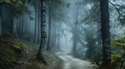 Obraz premium mystical foggy forest landscape with tall trees and winding path moody nature scenery