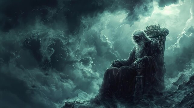 mythological god on throne in dark stormy sky dramatic fantasy illustration