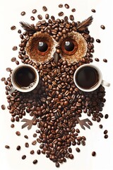 A cute owl made of coffee beans with two cups, on a white background, in the clip art style