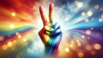 Regenbogen-Konzept - eine Hand mit zwei empor gestreckten Fingern  formt ein Zeichen, Regenbogen,  Pride, LGBT Community