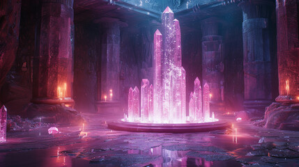 A mystical chamber with a glowing crystal podium, emanating a mesmerizing aura in a magical atmosphere.