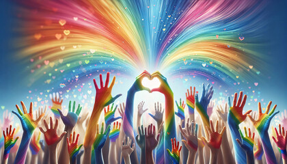 Viele Hände in Regenbogenfarben recken sich zum Himmel. Eine Hand formt ein Herz-Symbol, copy space,  Pride, LGBT Community