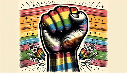 Empor gestreckte Faus in Regenbogenfarben als Hintergrund oder Banner,  Pride, LGBT Community