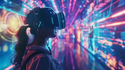 The innovation of virtual reality technology, transporting users to immersive digital worlds for gaming and exploration.